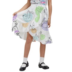 Cartoon Bird Cute Doodle Bird Kids  Ruffle Flared Wrap Midi Skirt by Bedest