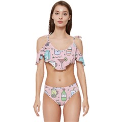 Drink Cocktail Doodle Coffee Ruffle Edge Tie Up Bikini Set	 by Apen