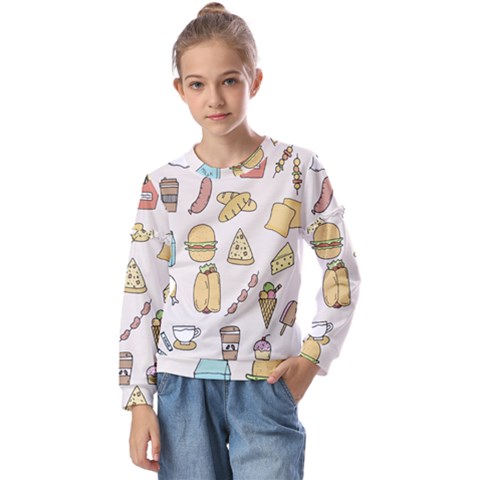 Dinner Meal Food Snack Fast Food Kids  Long Sleeve T-shirt With Frill  by Apen