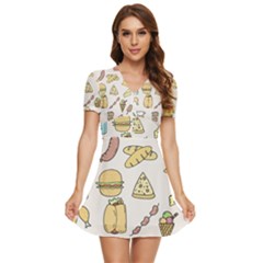 Dinner Meal Food Snack Fast Food V-neck High Waist Chiffon Mini Dress by Apen