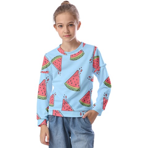 Watermelon Fruit Pattern Tropical Kids  Long Sleeve T-shirt With Frill  by Apen