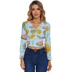 Watermelon Leaves Fruit Foliage Long Sleeve V-neck Top by Apen