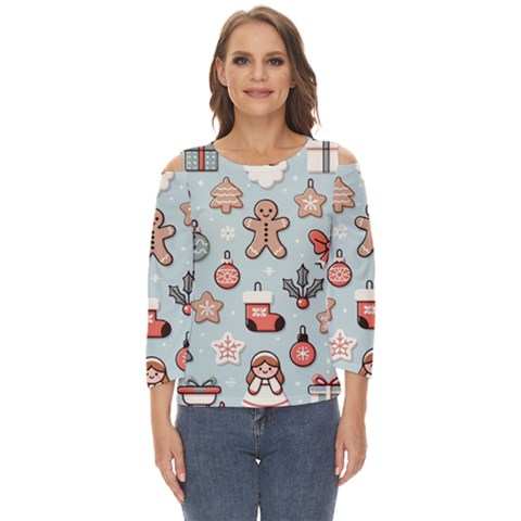 Christmas Cartoon Pattern Cut Out Wide Sleeve Top by Apen