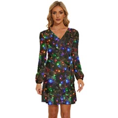 Christmas Lights Long Sleeve Waist Tie Ruffle Velvet Dress by Apen