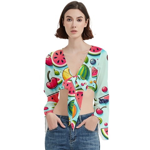 Fruits Sweet Pattern Trumpet Sleeve Cropped Top by Ravend