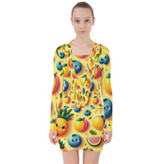 Fruits Fresh Sweet Pattern V-neck Bodycon Long Sleeve Dress by Ravend