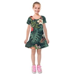 Flowers Monstera Foliage Tropical Kids  Short Sleeve Velvet Dress by Ravend