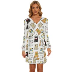 Cat Kitten Seamless Pattern Long Sleeve Waist Tie Ruffle Velvet Dress by Grandong