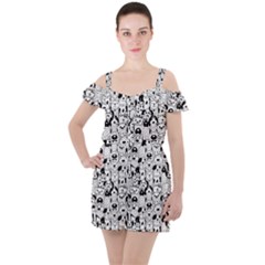 Seamless Pattern With Black White Doodle Dogs Ruffle Cut Out Chiffon Playsuit by Grandong