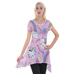 Cute Cat Kitten Cartoon Doodle Seamless Pattern Short Sleeve Side Drop Tunic by Grandong