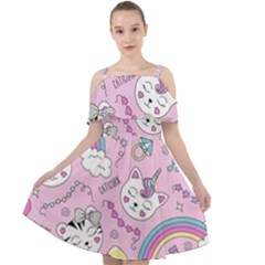 Beautiful Cute Animals Pattern Pink Cut Out Shoulders Chiffon Dress by Grandong