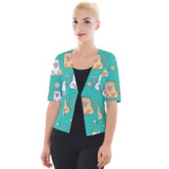 Seamless Pattern Cute Cat Cartoon With Hand Drawn Style Cropped Button Cardigan by Grandong