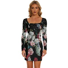 Floral Pattern, Red, Floral Print, E, Dark, Flowers Long Sleeve Square Neck Bodycon Velvet Dress