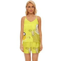 Adventure Time Jake The Dog Finn The Human Artwork Yellow V-neck Satin Pajamas Set by Sarkoni