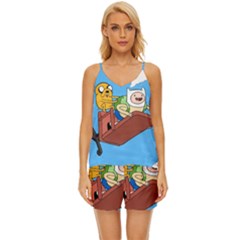 Cartoon Adventure Time Jake And Finn V-neck Satin Pajamas Set by Sarkoni