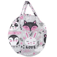 Big Set With Cute Cartoon Animals Bear Panda Bunny Penguin Cat Fox Giant Round Zipper Tote by Bedest