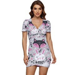 Big Set With Cute Cartoon Animals Bear Panda Bunny Penguin Cat Fox Low Cut Cap Sleeve Mini Dress by Bedest