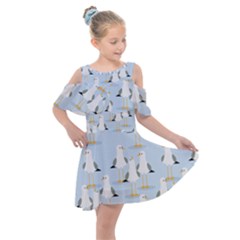 Cute Seagulls Seamless Pattern Light Blue Background Kids  Shoulder Cutout Chiffon Dress by Bedest