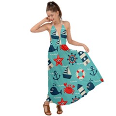 Seamless Pattern Nautical Icons Cartoon Style Backless Maxi Beach Dress by Hannah976