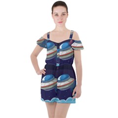 Ufo Alien Spaceship Galaxy Ruffle Cut Out Chiffon Playsuit by Bedest