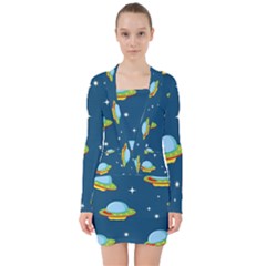 Seamless Pattern Ufo With Star Space Galaxy Background V-neck Bodycon Long Sleeve Dress by Bedest