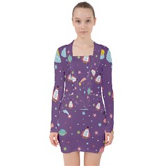 Space Travels Seamless Pattern Vector Cartoon V-neck Bodycon Long Sleeve Dress by Bedest