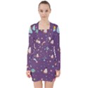 Space Travels Seamless Pattern Vector Cartoon V-neck Bodycon Long Sleeve Dress View1