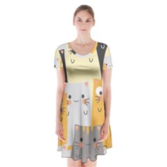 Seamless Pattern Cute Cat Cartoons Short Sleeve V-neck Flare Dress by Bedest