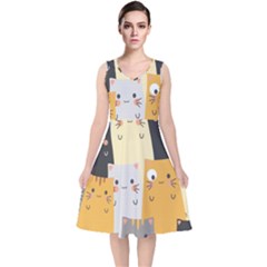 Seamless Pattern Cute Cat Cartoons V-neck Midi Sleeveless Dress  by Bedest