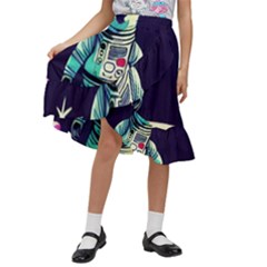 Bear Astronaut Futuristic Kids  Ruffle Flared Wrap Midi Skirt by Bedest