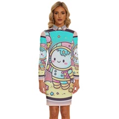 Boy Astronaut Cotton Candy Long Sleeve Shirt Collar Bodycon Dress by Bedest