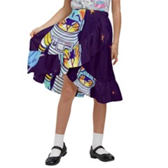 Cat Astronaut Space Retro Universe Kids  Ruffle Flared Wrap Midi Skirt by Bedest