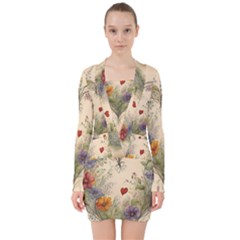 Heart Flowers Plant V-neck Bodycon Long Sleeve Dress by Bedest