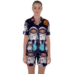 Boy Spaceman Space Rocket Ufo Planets Stars Satin Short Sleeve Pajamas Set by Ndabl3x