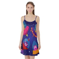 Cartoon Funny Aliens With Ufo Duck Starry Sky Set Satin Night Slip by Ndabl3x