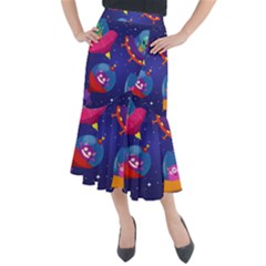 Cartoon Funny Aliens With Ufo Duck Starry Sky Set Midi Mermaid Skirt by Ndabl3x