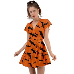 Halloween Card With Bats Flying Pattern Flutter Sleeve Wrap Dress by Hannah976