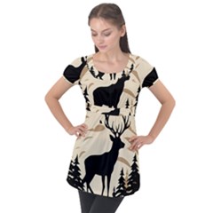 Deer Wildlife Puff Sleeve Tunic Top by Sarkoni