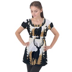 Deer Wildlife Nature Puff Sleeve Tunic Top by Sarkoni