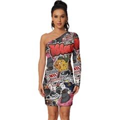 Stickerbomb Crazy Graffiti Graphite Monster Long Sleeve One Shoulder Mini Dress by Bedest