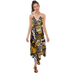 Boom Bang Art Crazy Drawing Graffiti Hello Retro Sayings Yellow Halter Tie Back Dress  by Bedest