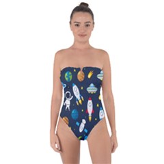 Big Set Cute Astronauts Space Planets Stars Aliens Rockets Ufo Constellations Satellite Moon Rover V Tie Back One Piece Swimsuit by Hannah976