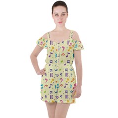 Seamless Pattern Musical Note Doodle Symbol Ruffle Cut Out Chiffon Playsuit by Hannah976