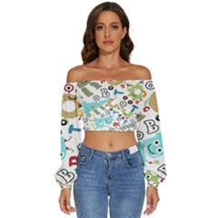 Seamless Pattern Vector With Funny Robots Cartoon Long Sleeve Crinkled Weave Crop Top by Hannah976