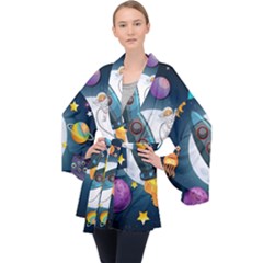 Spaceship Astronaut Space Long Sleeve Velvet Kimono  by Hannah976