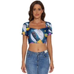 Spaceship Astronaut Space Short Sleeve Square Neckline Crop Top  by Hannah976