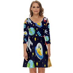 Space Seamless Pattern Illustration Shoulder Cut Out Zip Up Dress by Hannah976