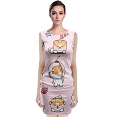 Set Kawaii Smile Japanese Dog Akita Inu Cartoon Sleeveless Velvet Midi Dress by Hannah976