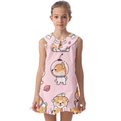 Set Kawaii Smile Japanese Dog Akita Inu Cartoon Kids  Pilgrim Collar Ruffle Hem Dress by Hannah976