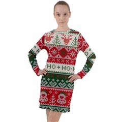 Ugly Sweater Merry Christmas  Long Sleeve Hoodie Dress by artworkshop